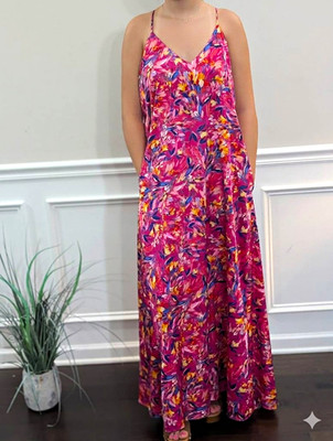 Women s Floral Maxi Dress L Pink/Multicolor V-Neck Strappy Sleeveless Long