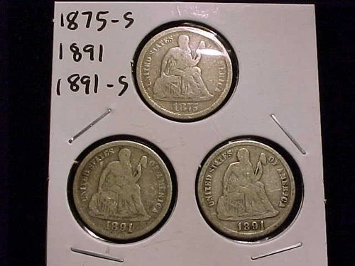1875-S Good, 1891 and 1891-S Very Good Seated Liberty Dimes, a (3)Three Coin Lot