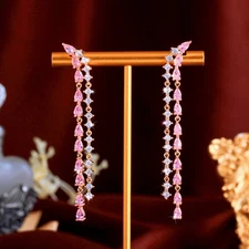 Charming Cubic Zirconia CZ Pink Extra Long Ear Line Tassel Dangle Drop Earrings