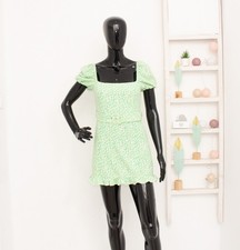 Zara Mini Dress Belted Green Floral Daisy Print Linen Viscose Frilled Women's S