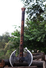 Handmade Double Headed Viking Carbon Steel Axe  Blade With Ash Wood Handle