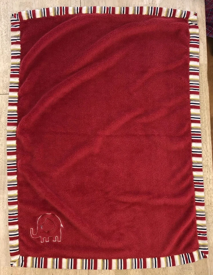Trend Lab Baby Blanket Red Plush Grey Elephant Yellow Navy Stripe Lovey - Image 2 of 4