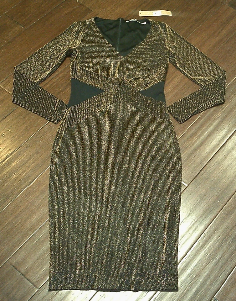 Rachel Roy 金色黑色金属弹力正装连衣裙中号 — 第 3/3 张图片