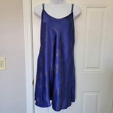 California Dynasty Vintage Blue Gold Floral Satin Chemise Gown Strappy Size M