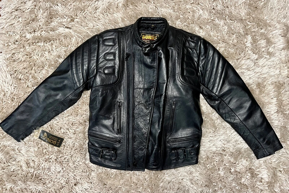 Bonus Genuine Leather Lined Black Motorcycle Jacket Size 42 NEW