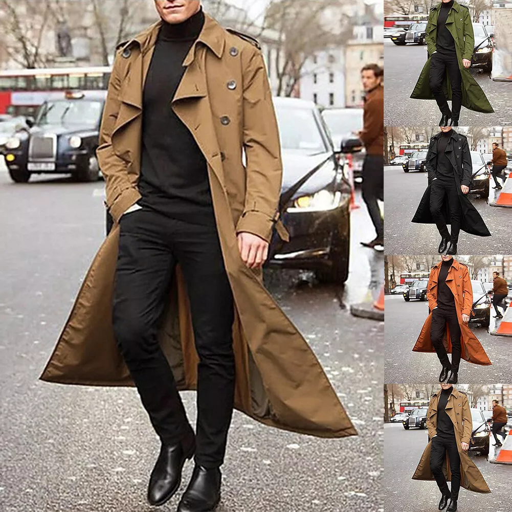 Mens Long Slim Trench Coat Double-Breasted Lapel Windbreaker Parka Jacket  Autumn