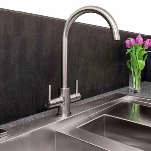 Modern Mono Kitchen Sink Mixer Tap Twin Lever Brushed Curved Swivel Spout Faucet - Picture 5 of 8