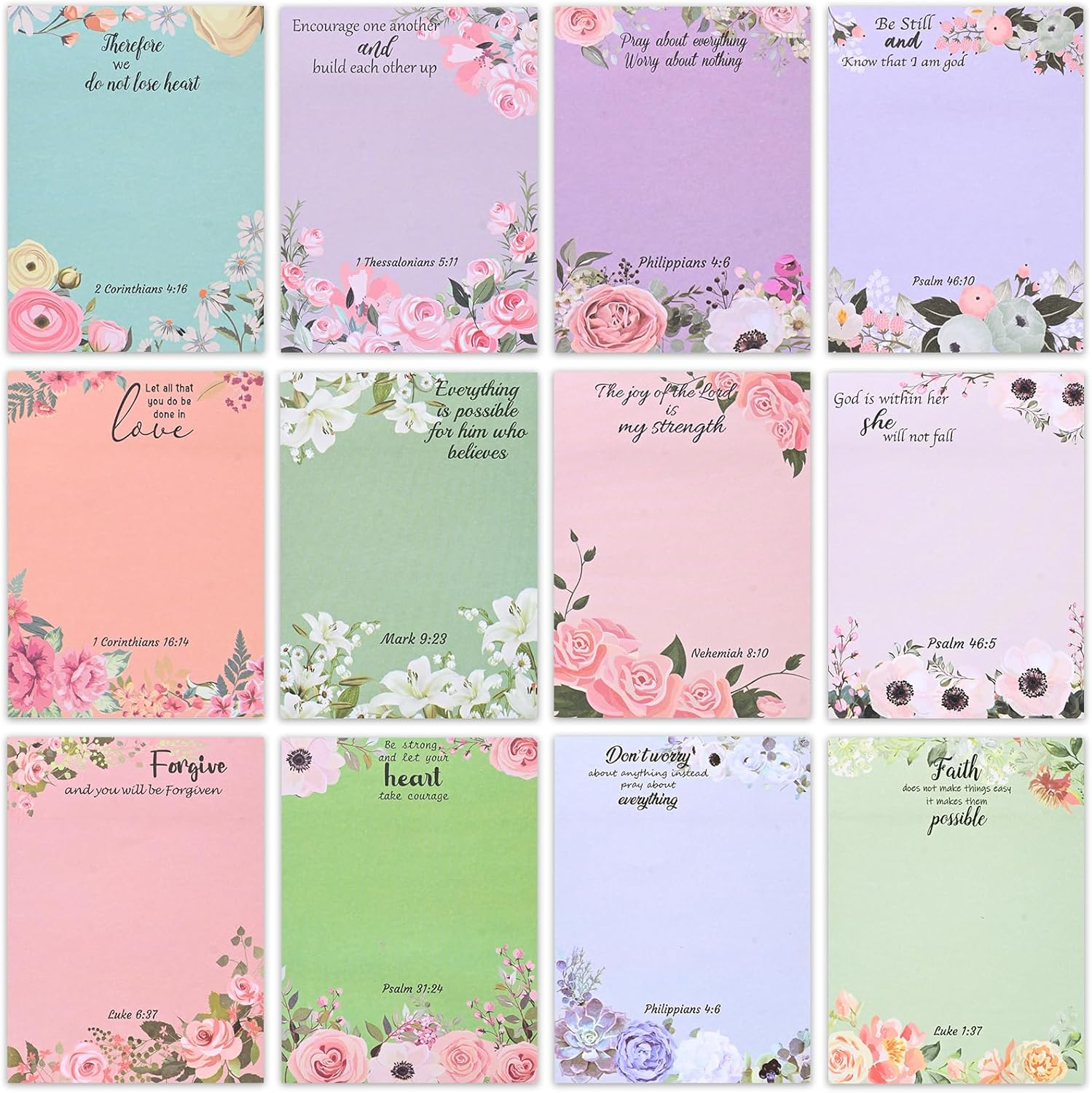 12 Pack Inspirational Bible Sticky Notes - 360 Floral Memo Pads 4x3 Inch-image