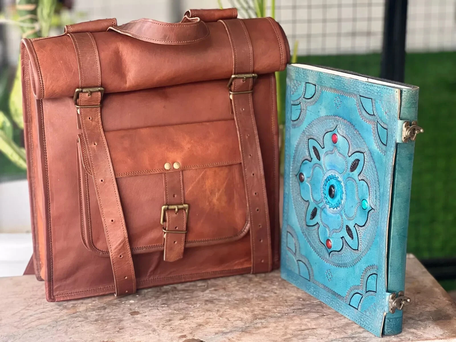 22" Leather Backpack Rucksack Travel Genuine Shoulder Unisex Bag Free Journal