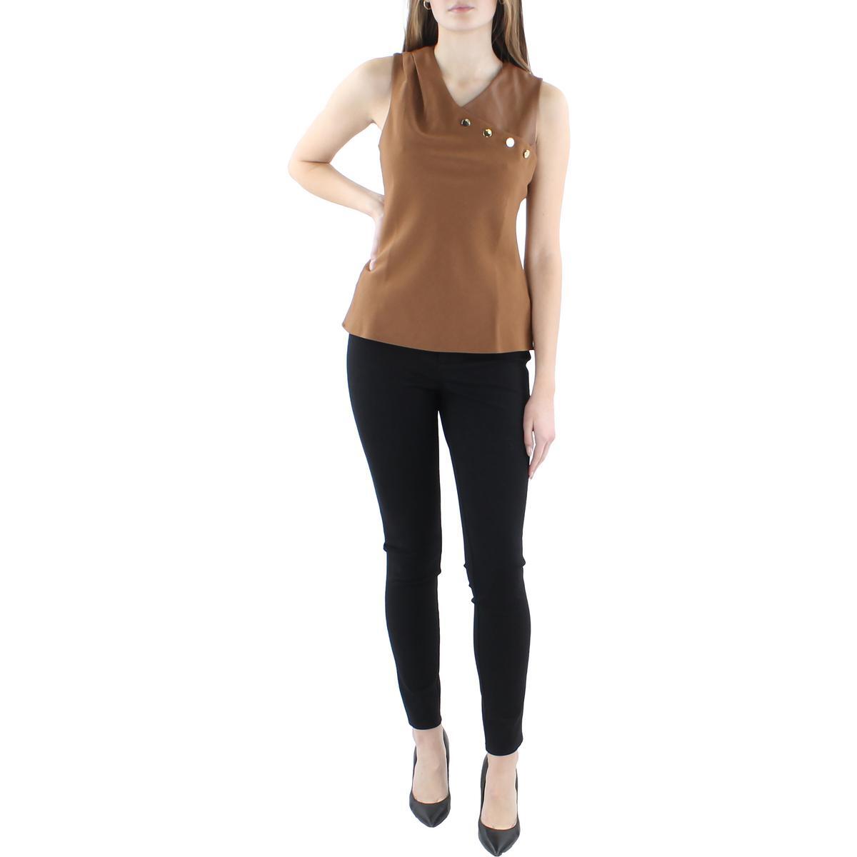 Женская коричневая блузка-рубашка из искусственной кожи DKNY Petites PS BHFO 8861