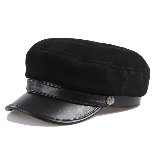 100% Suede Leather Unisex Classic British Flat Top Cap Military Army Fiddle Hat - Picture 7 of 16