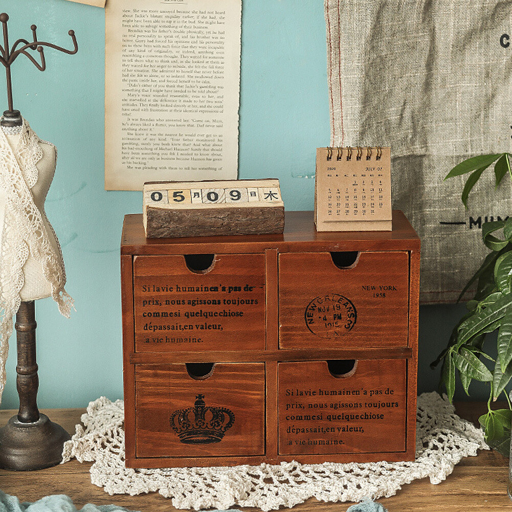 4 Drawers Desktop Brown Wood Storage Box Mini Jewellery Case