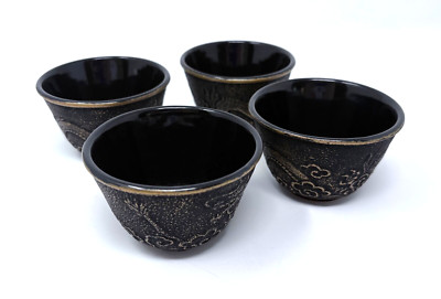 NEW 4 x Japanese Cast Iron w/ Ceramic Interior Black & Gold Risen Dragon VINTAGE
