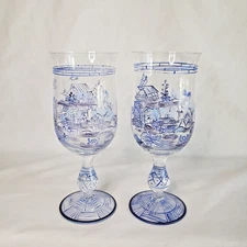 Vintage Hand Painted Chinoiserie Scene Wine Glasses Goblets Set of 2