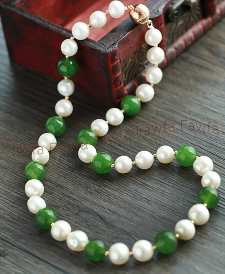Juego de brazaletes collares naturales de perlas blancas de agua dulce y jade verde de 8-9 mm Foto 2 de 3