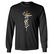 Jesus Script Cross Flowers and Butterflies Long Sleeve Religious Shirts
