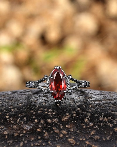14K Black Gold Plate 925 Silver Natural Garnet Marquise Cut Wedding Ring for Her - Picture 9 of 10