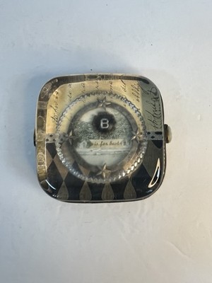 Vintage Antique Pyrophoto Glass Paperweight B is for Best Silver Stars Base