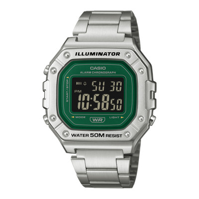 Casio W-218HD-3AV Green Dial Digital Watch Steel Strap 50M WR Alarm W218HD