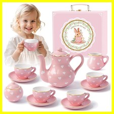 Tea Party Set for Little Girls Ages 3-8, Pink Heart Porcelain Tea Set with Go...