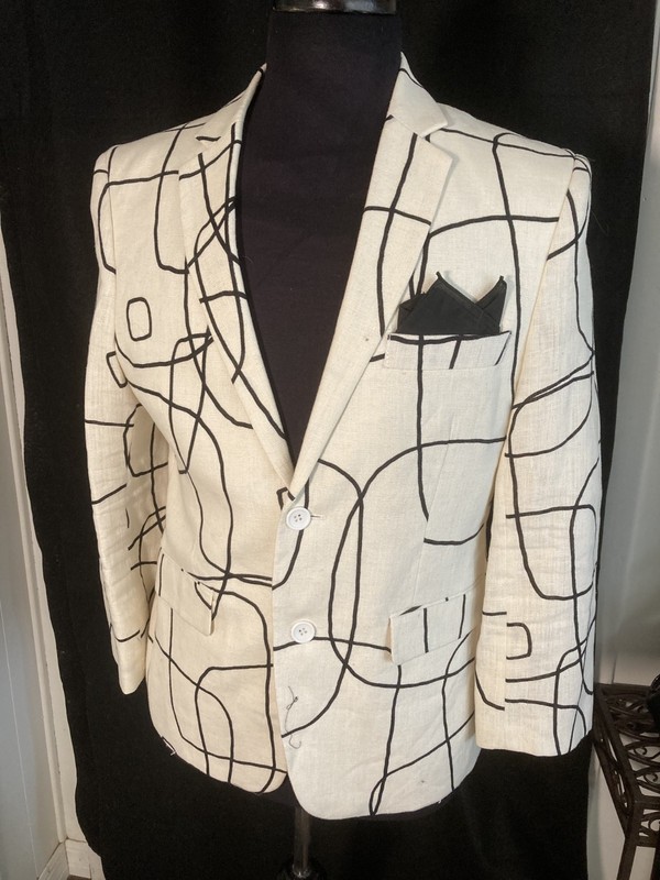 High Fashion Custom Made Men's Geometric Patterned Whit Linen Jacket 38R