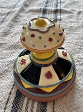 Vintage Cookie Stamp Press Terracotta Stoneware Hand-Painted Flowers Dots Cross