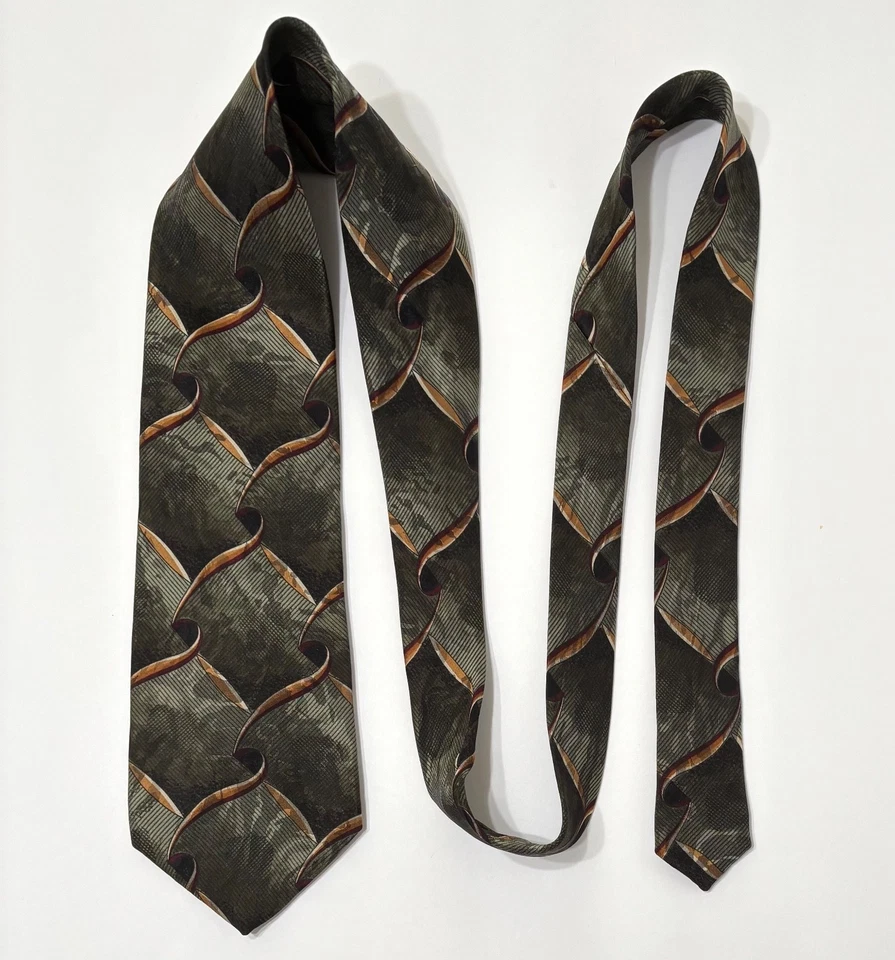 Corbata de cuello J Ferrar 100% seda hecha en Italia diseño geométrico dorado verde vintage Foto 2 de 4