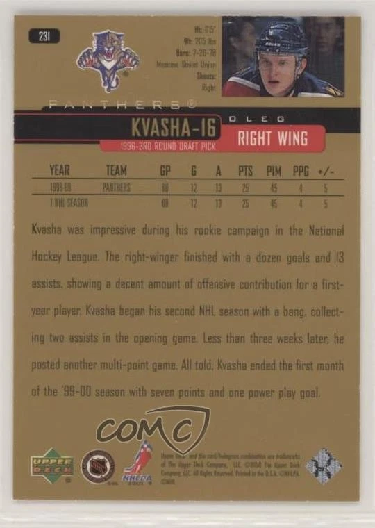 1999-00 Upper Deck Gold Reserve Oleg Kvasha #231 - Image 2 of 2