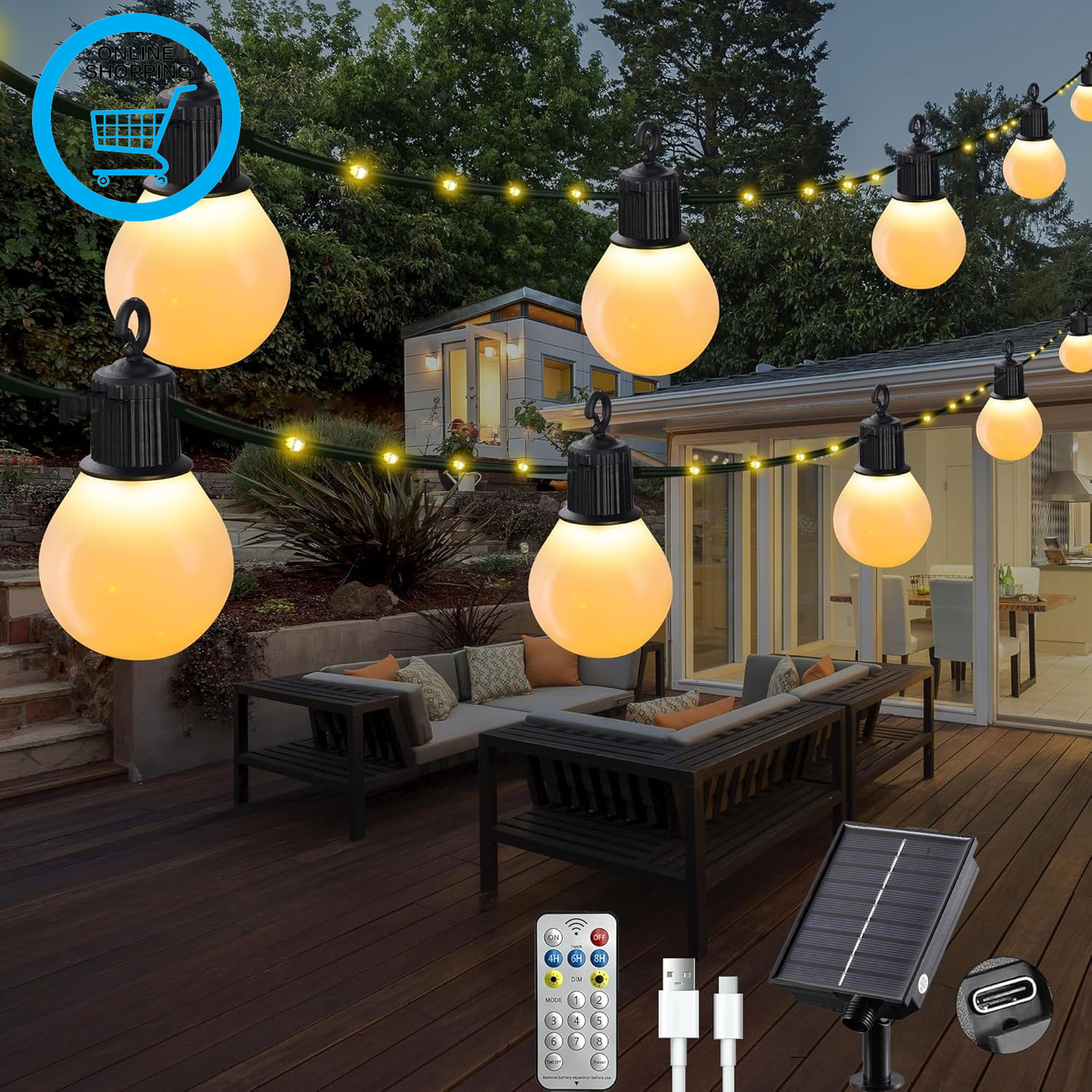 Solar String Lights Outdoor with 20 Shatterproof G40 Bulbs - 32.8Ft/10M 100 LED