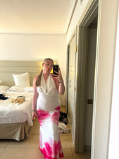 shein White/Pink Tie-Dye Halter Ruched Maxi Dress 100% Cotton Size M