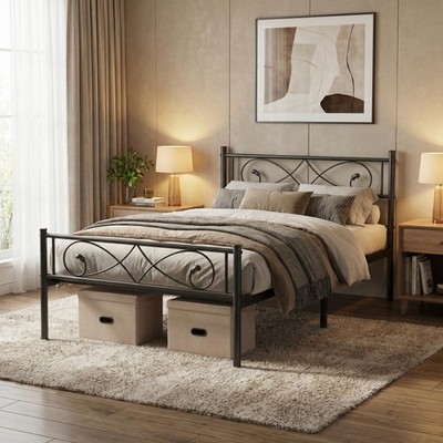 Twin Full Queen King Metal Platform Bed Frame W/Headboard & Footboard Steel Slat