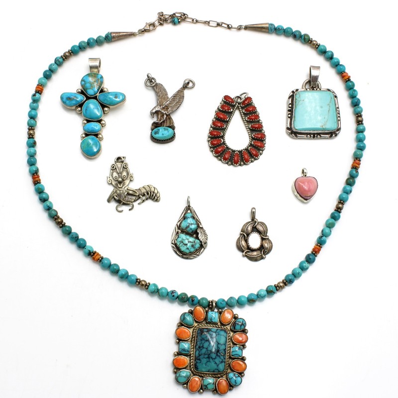 Signed Southwest Sterling Turquoise Petit Necklace & Pendants Lot of 9 #S5623-4