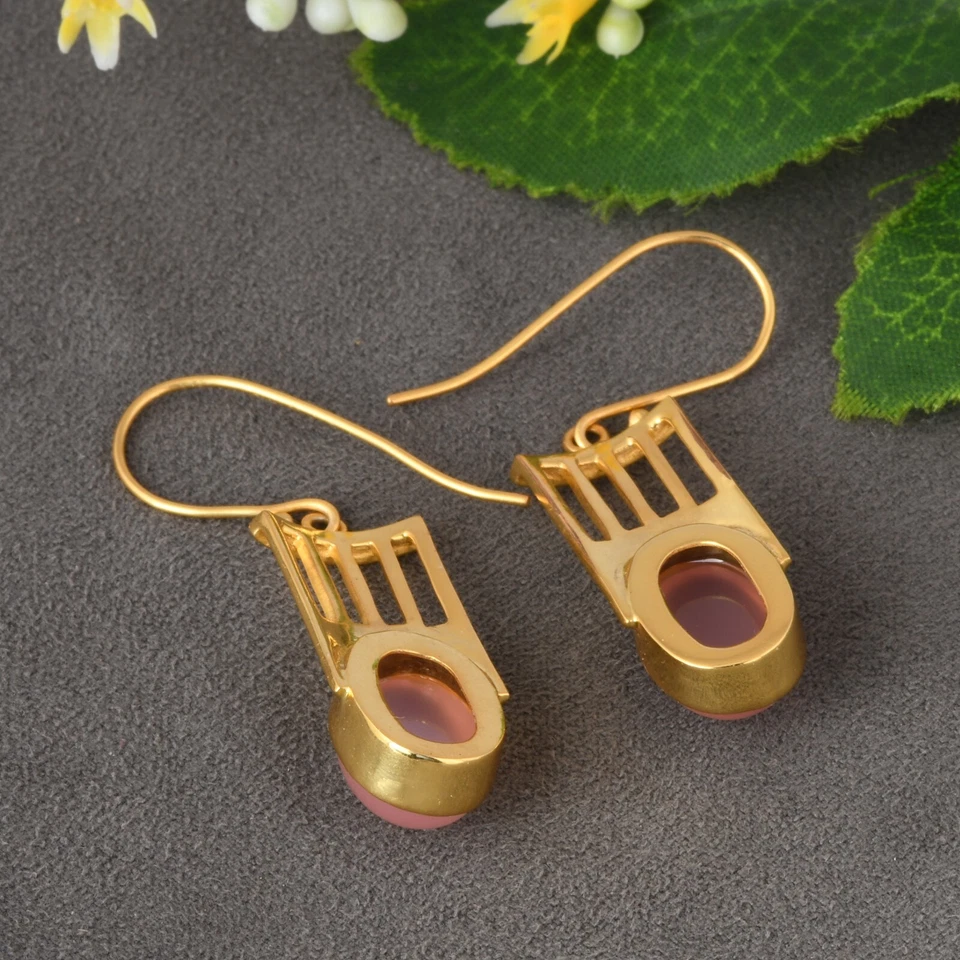 Pendientes de calcedonia rosa ovalada chapados en oro de 18k Art Deco pendientes de moda joyería Foto 4 de 4