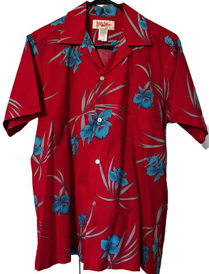 Hukilau Fashion Mens Hawaiian Shirt Sz L Coral Floral Barkcloth