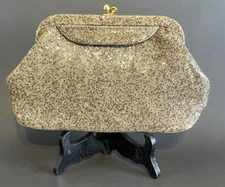 Vintage Stylecraft Miami Gold Canvas Sequined Clasp Clutch Purse w/ Mirror