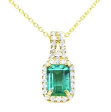 Women's Genuine Emerald  Diamond Halo Pendant Necklace 14K Gold