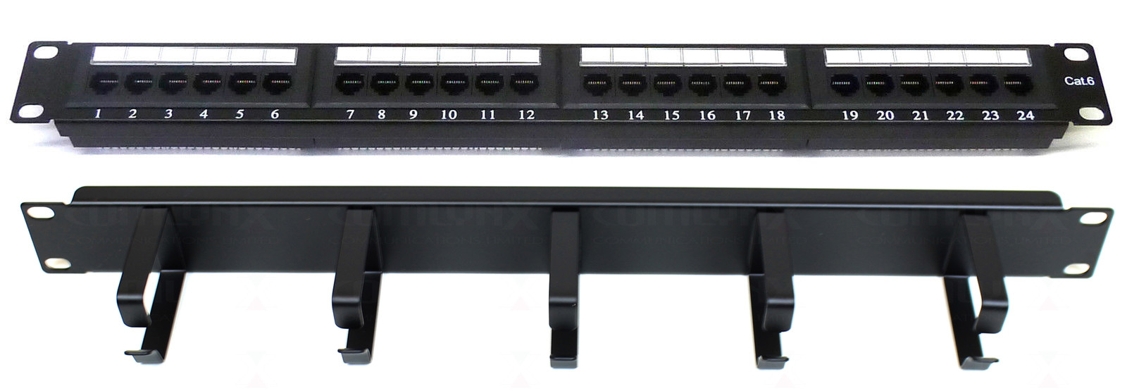 Cat6 19" 24 Port Patch Panel + Ring Cable Tidy Comms Rack Data Network Cabinet