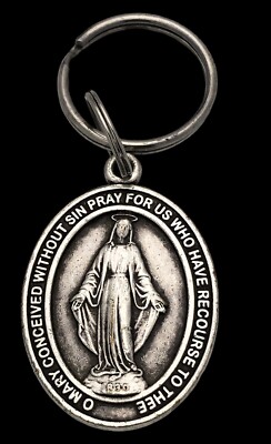VINTAGE Mary Pray for Us Keychain Silver Tone Medal Virgin Mother