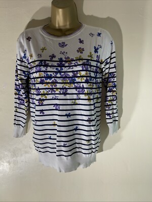 Next Petite UK 10 dünner Strickpullover Damenpullover weiß Blumen/Streifen Stretch