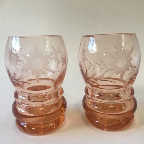 Pink Depression Drinking Glass Etched Floral Flower Candle Holder 5" Set of 2 - Picture 15 of 24