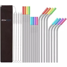 16 Pack Reusable Stainless Steel Straws with Silicone Tips Metal Drinking Straws