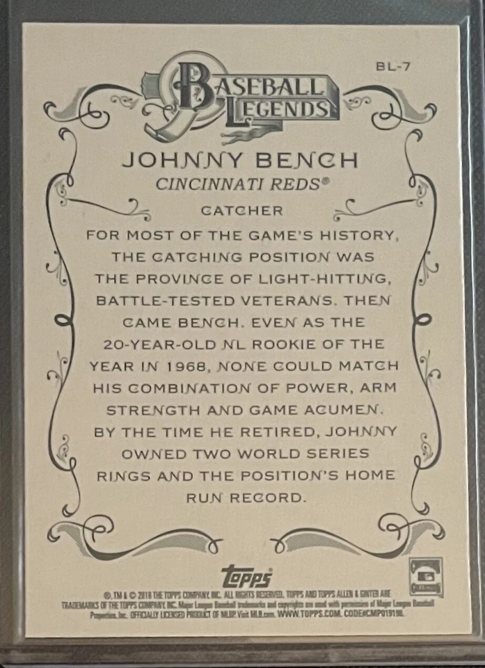 2016 Topps Allen & Ginter Baseball Legends Reds Baseball Card BL-7 Johnny Bench - Image 2 of 2