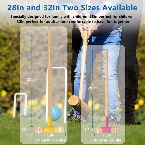 8 Players Croquet Set with 32In Regulation | 28In Standard Size Rubber Wood Mall - Picture 3 of 7