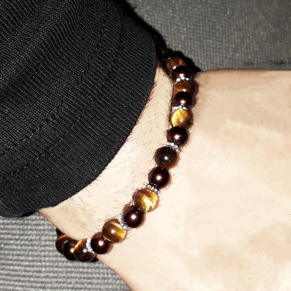 Bracciale con pietre dure OCCHIO DI TIGRE perle marrone Uomo Donna braccialetto - Immagine 2 di 3
