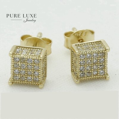 Men's Sterling Silver 925 Cubic zirconia 8mm Square*Earring*Gold plated*Box