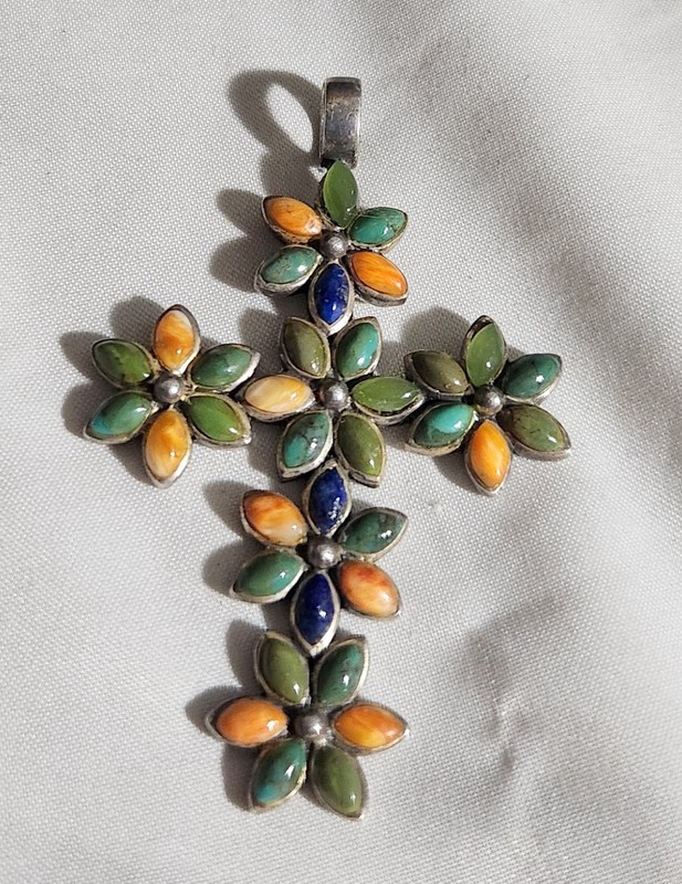 STERLING SOUTHWEST CABOCHON MULTI STONE CROSS SIGNED SU 2"