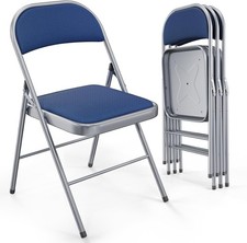 4 Pack Folding Chairs Padded Seats Metal Frame PU Leather 350 lbs Blue