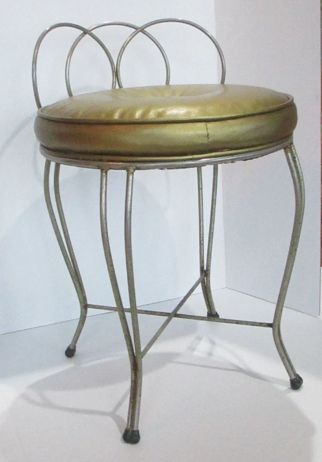 Taburete de tocador con cojín dorado vintage MCM taburete de maquillaje silla Regency BSMT Foto 3 de 4