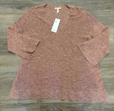 NWT Eileen Fisher Organic Cotton Medley Pullover Large Orange V Neck Lightweight