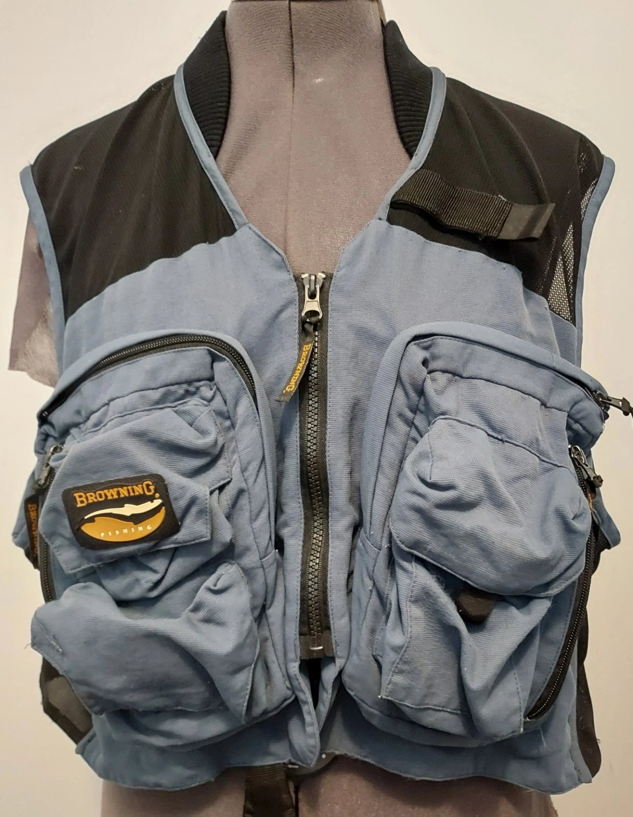 Vintage Browning Fly Fishing Vest Blue/Black Gear Pockets XLarge **READ**